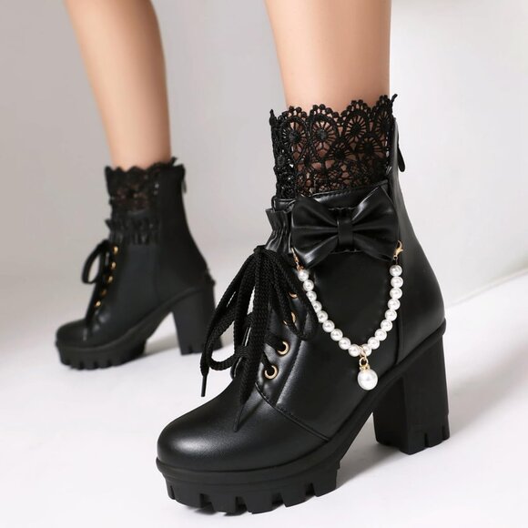 Women's Faux Leather Platform Ankle Boots with Pearl Chain Bow 8 - Picture 4 of 9